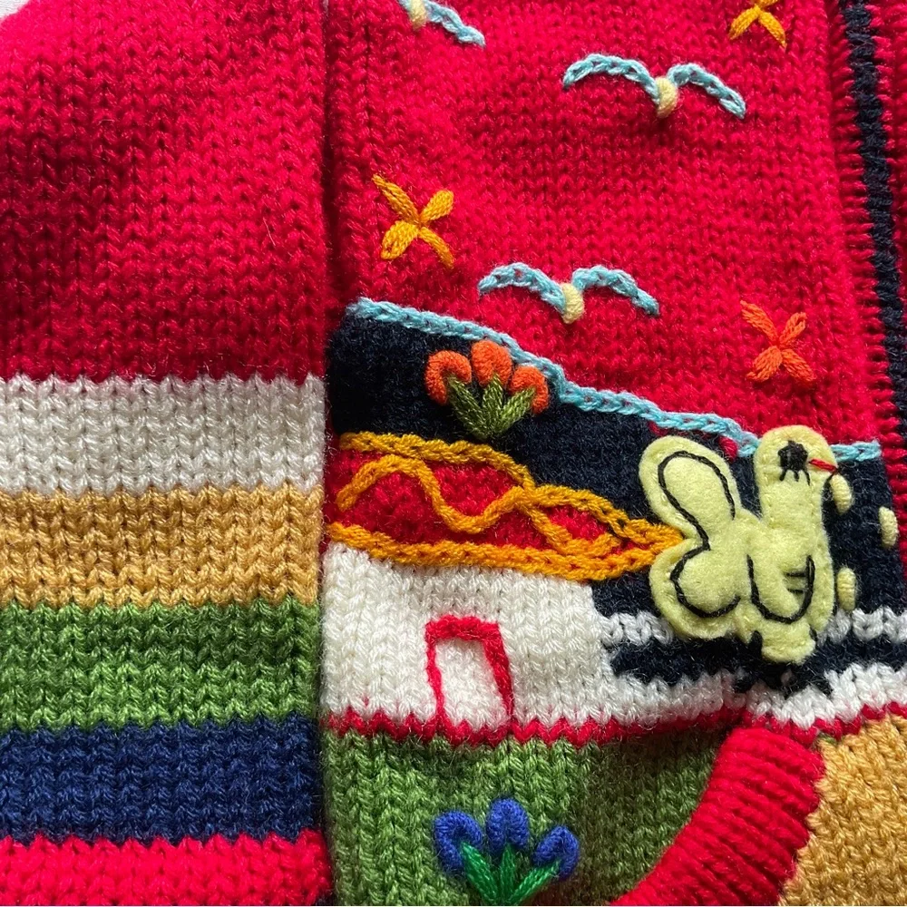 Peruvian Knit Embroidered Hooded Zip Up Red Sweater Animals Sun Toddler Sz 2